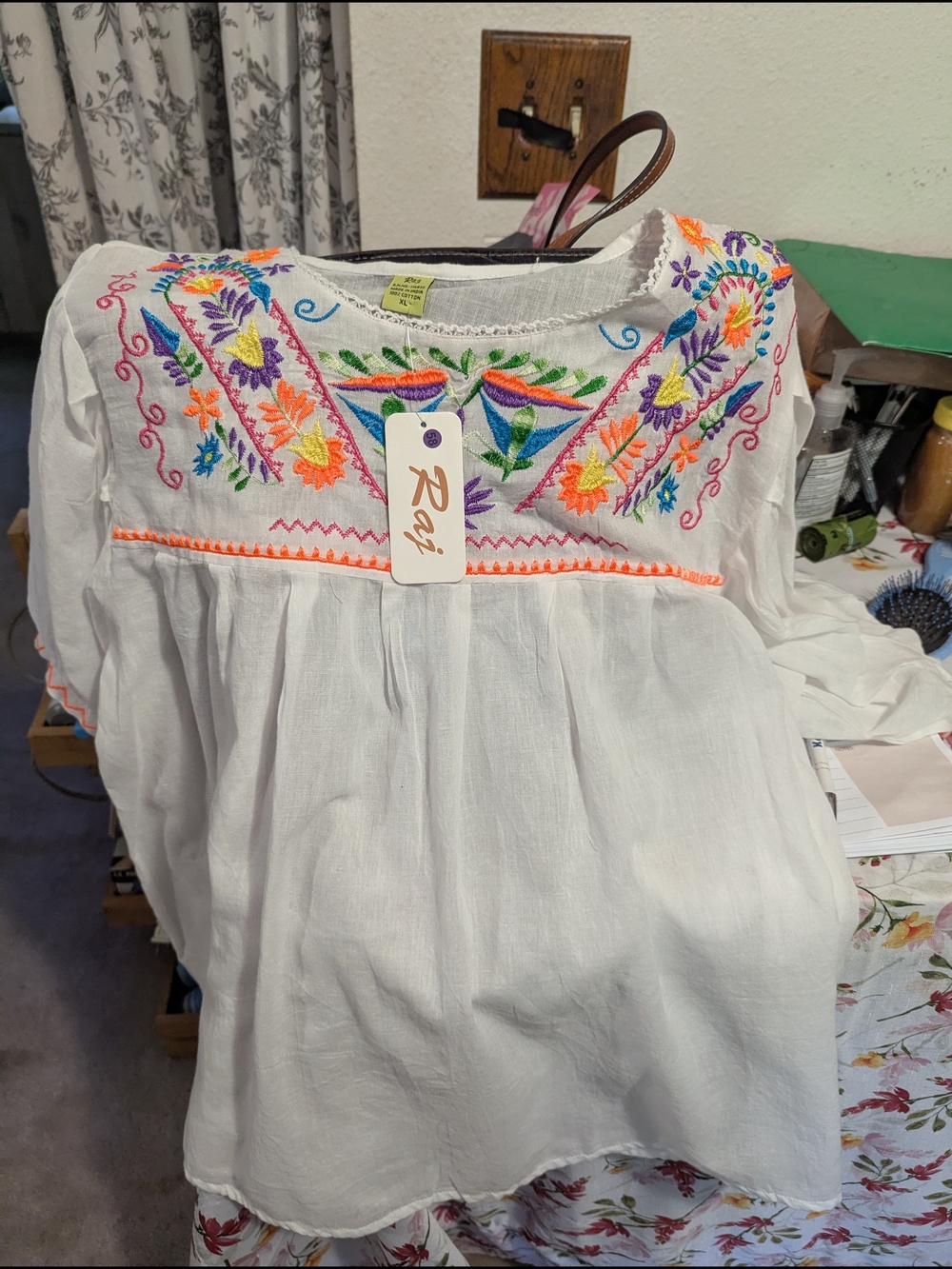 Raji Crystal Embroidered Peasant Blouse with Multicolor Flowers